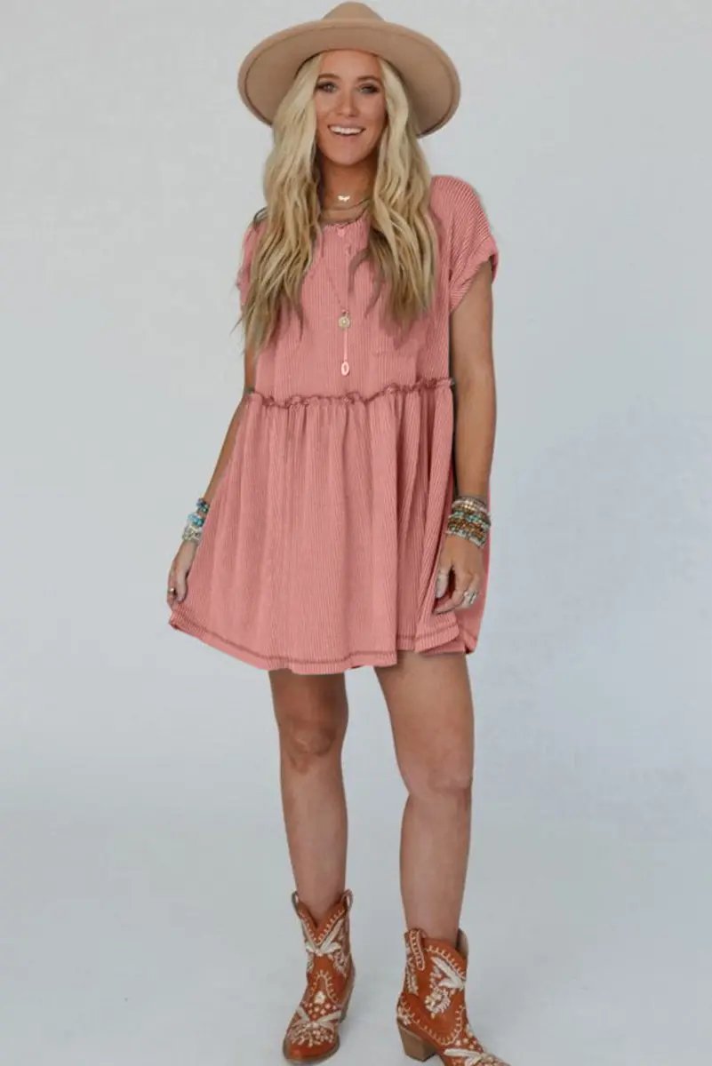 Dusty Pink Corded Knit Textured Patched Pocket Frilled Swing Mini Dress - Love Salve